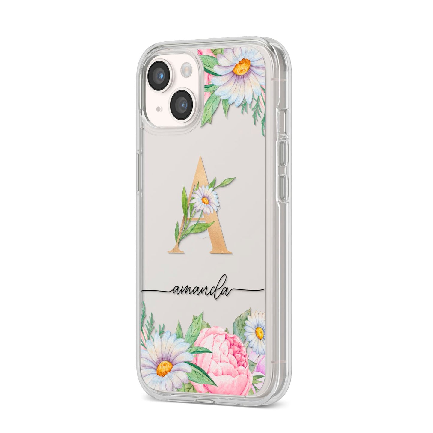 Personalised Floral Monogram iPhone 14 Clear Tough Case Starlight Angled Image
