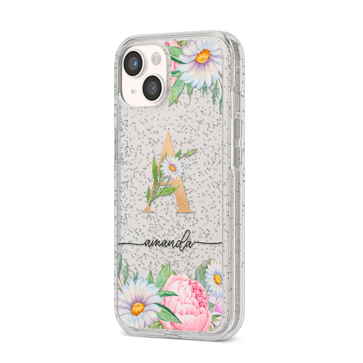 Personalised Floral Monogram iPhone 14 Glitter Tough Case Starlight Angled Image