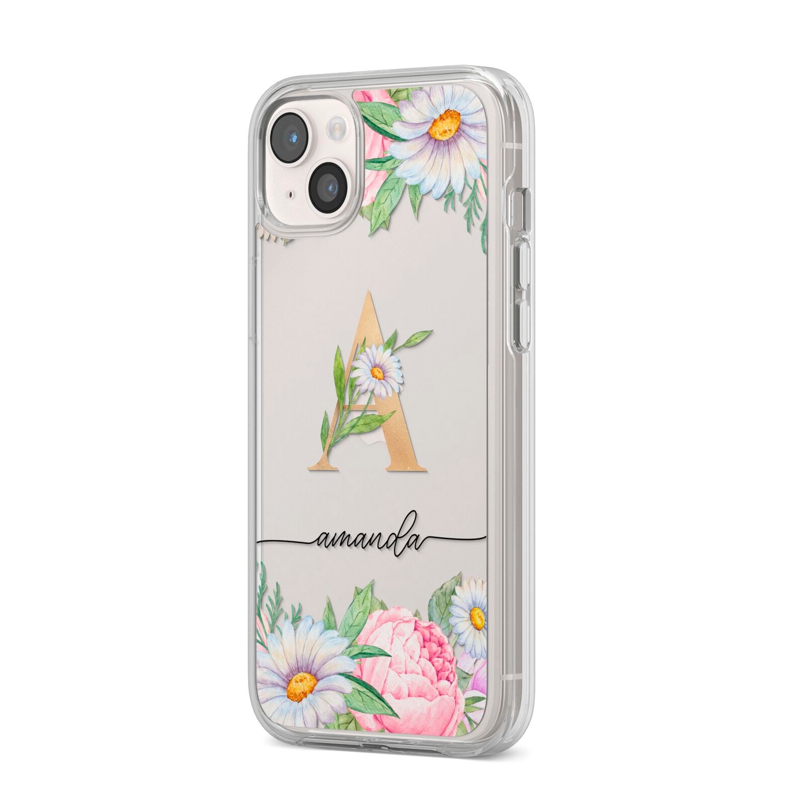 Personalised Floral Monogram iPhone 14 Plus Clear Tough Case Starlight Angled Image