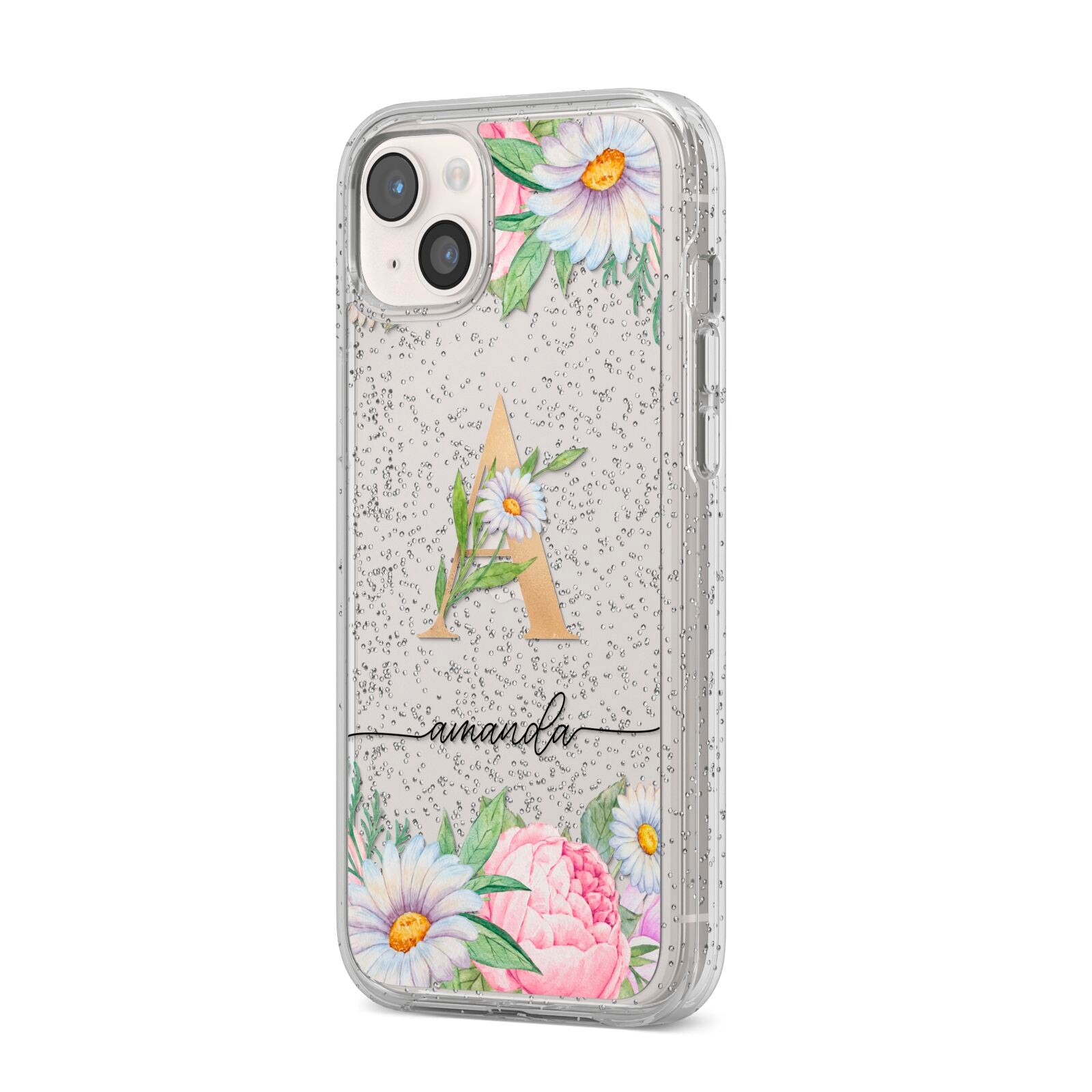Personalised Floral Monogram iPhone 14 Plus Glitter Tough Case Starlight Angled Image