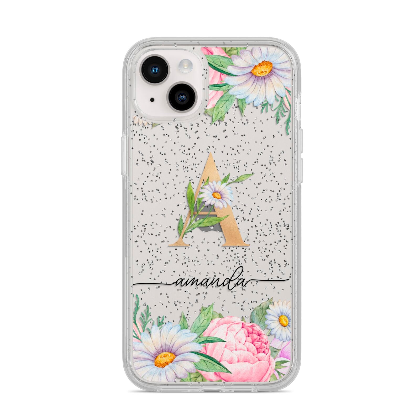 Personalised Floral Monogram iPhone 14 Plus Glitter Tough Case Starlight