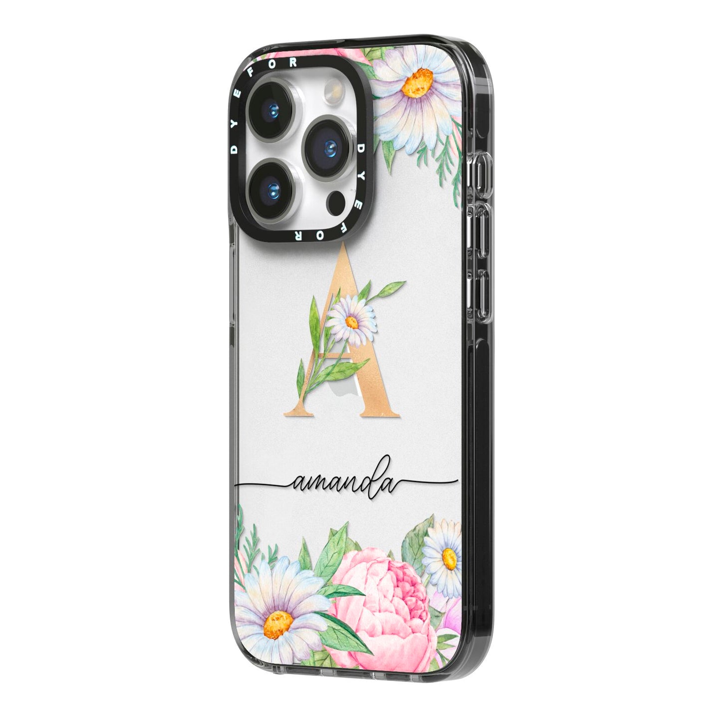 Personalised Floral Monogram iPhone 14 Pro Black Impact Case Side Angle on Silver phone