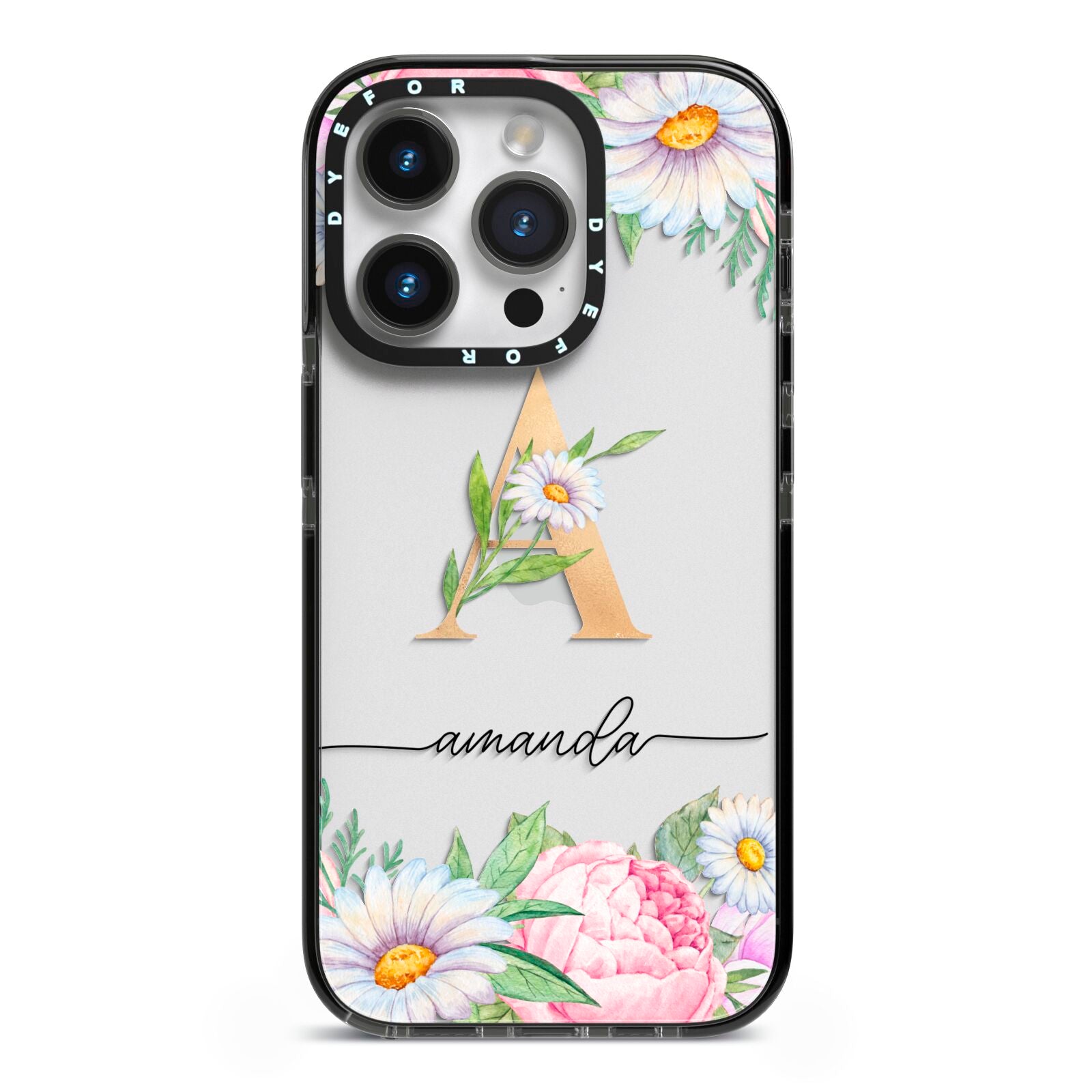 Personalised Floral Monogram iPhone 14 Pro Black Impact Case on Silver phone