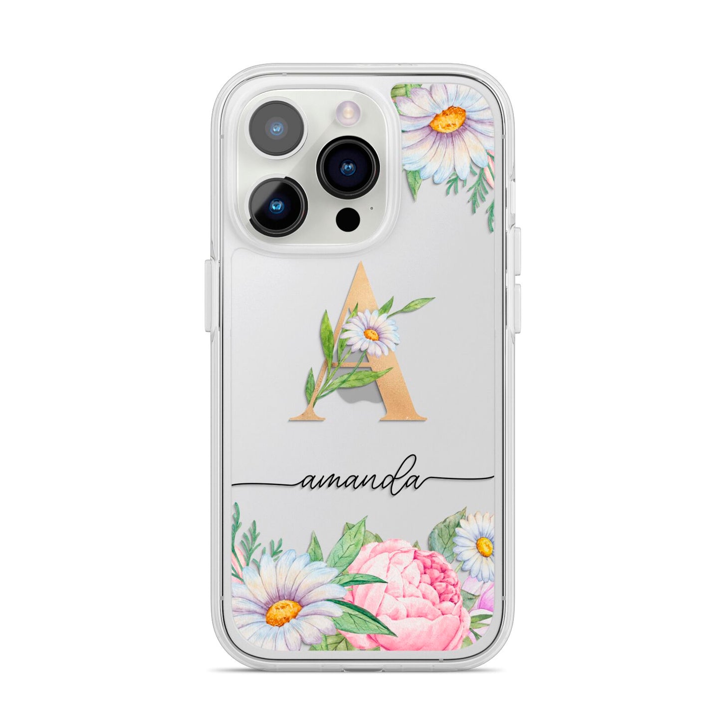Personalised Floral Monogram iPhone 14 Pro Clear Tough Case Silver