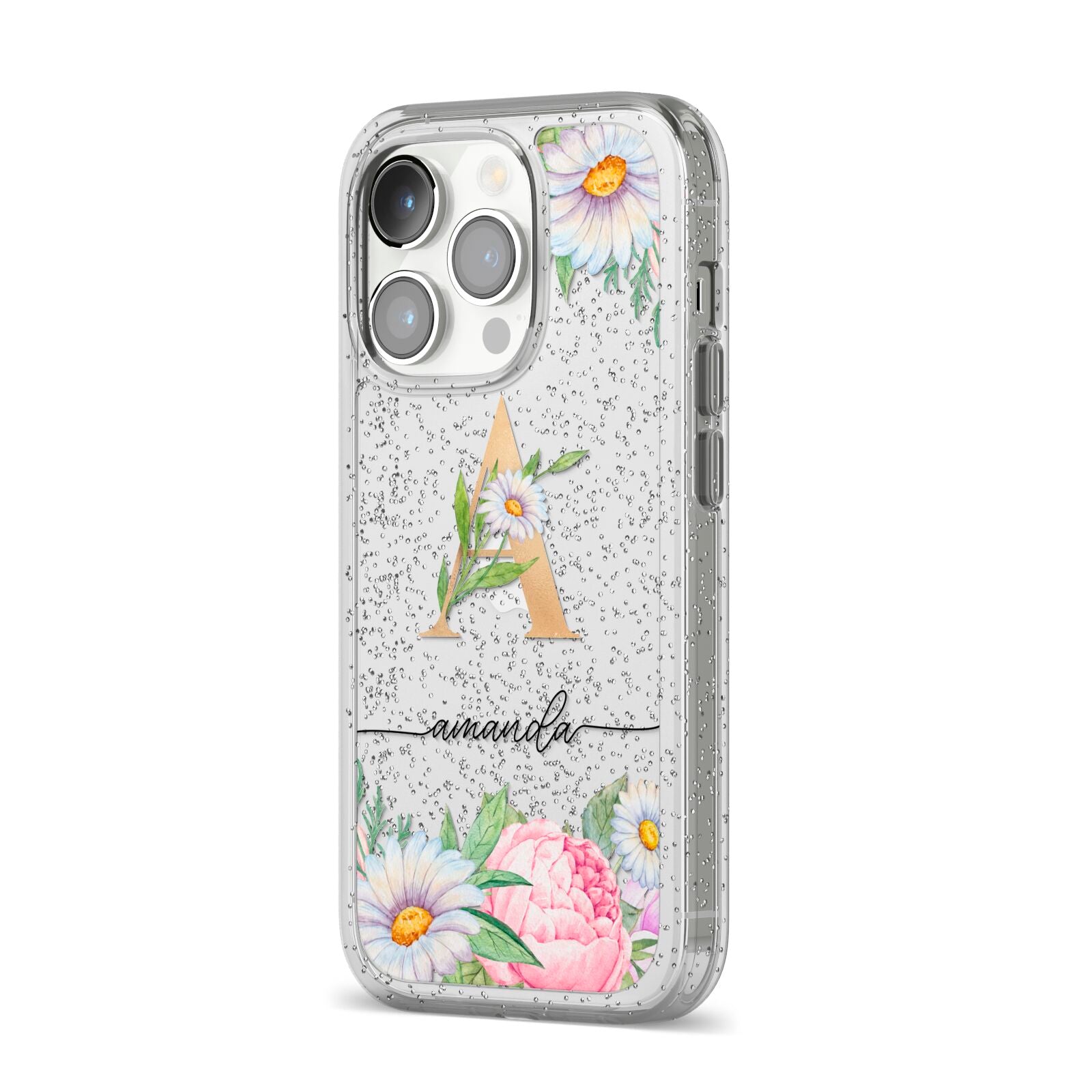 Personalised Floral Monogram iPhone 14 Pro Glitter Tough Case Silver Angled Image