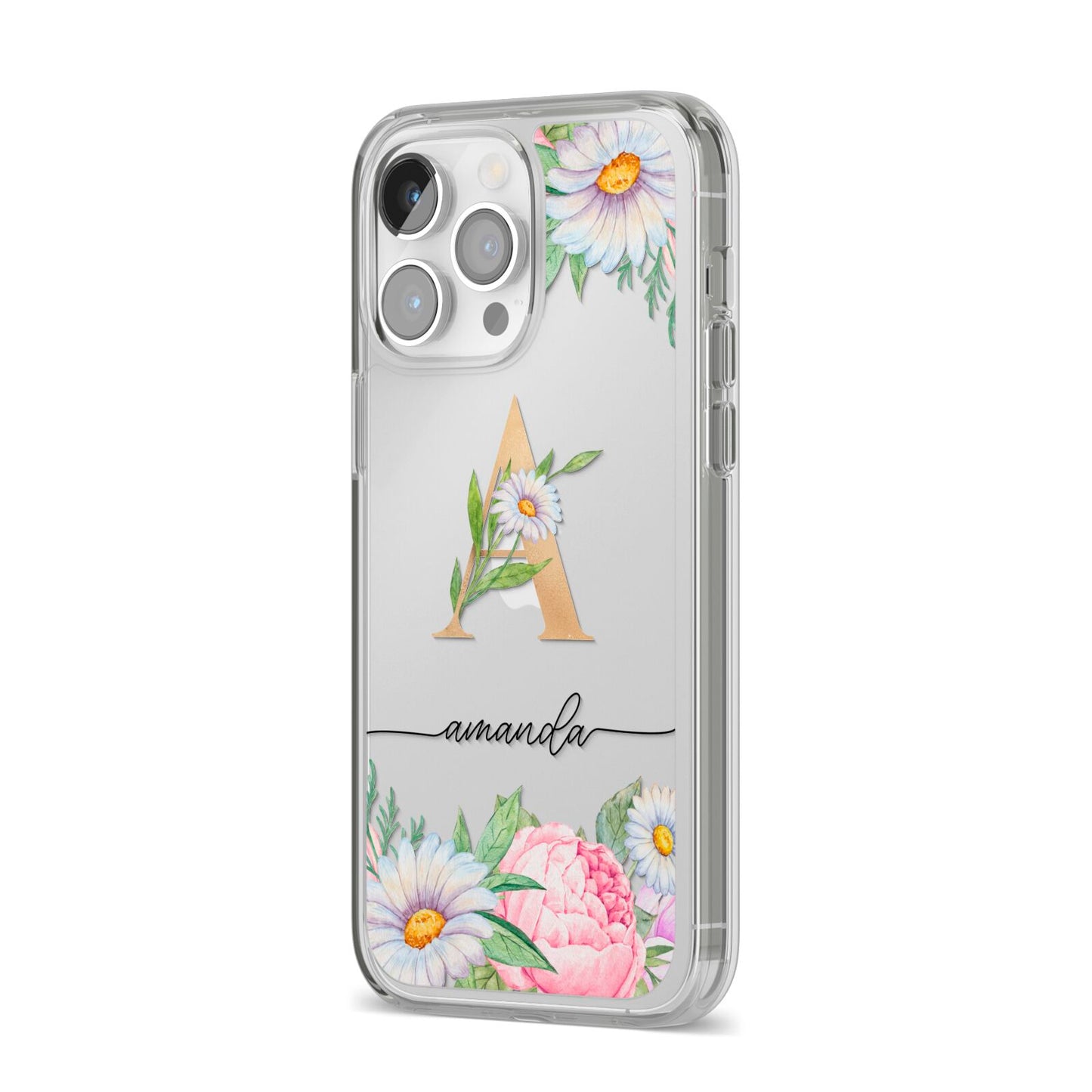 Personalised Floral Monogram iPhone 14 Pro Max Clear Tough Case Silver Angled Image