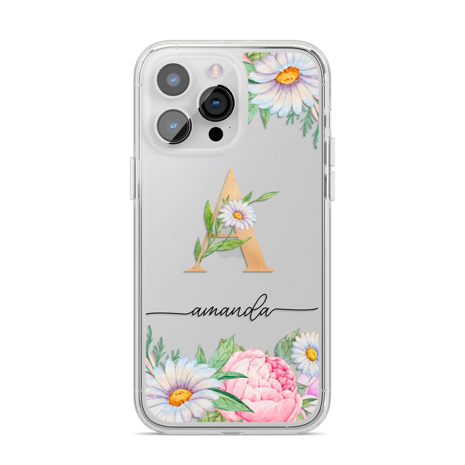 Personalised Floral Monogram iPhone 14 Pro Max Clear Tough Case Silver