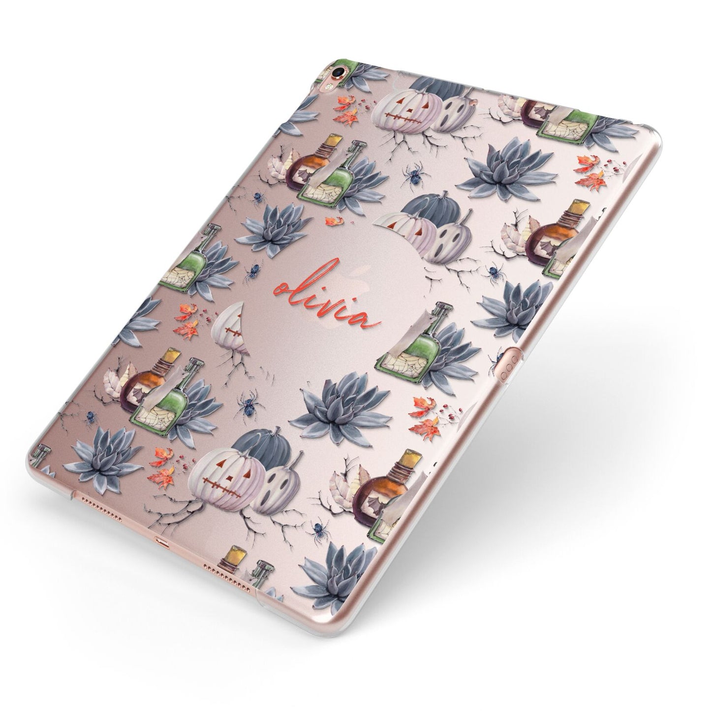 Personalised Floral Name Halloween Apple iPad Case on Rose Gold iPad Side View