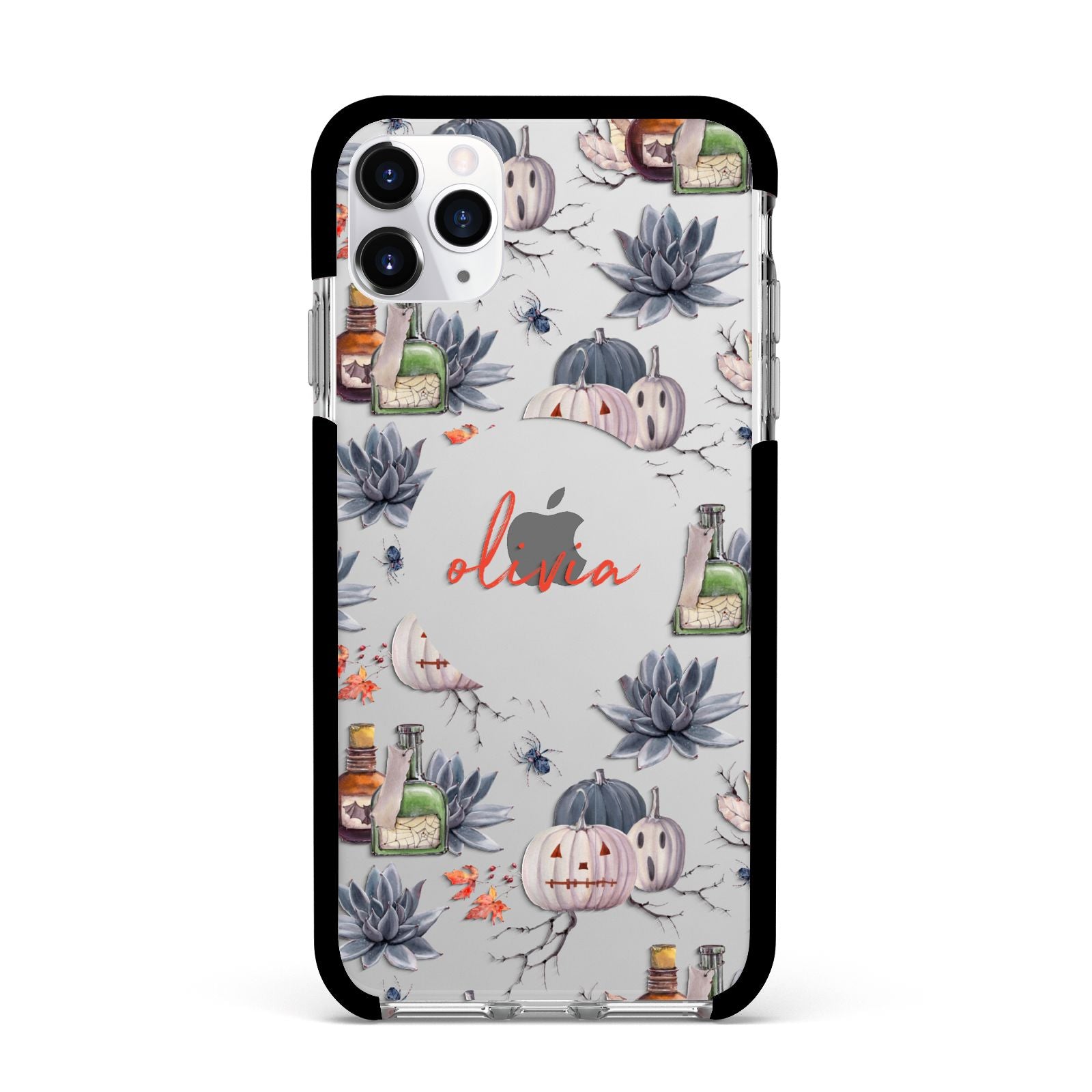 Personalised Floral Name Halloween Apple iPhone 11 Pro Max in Silver with Black Impact Case