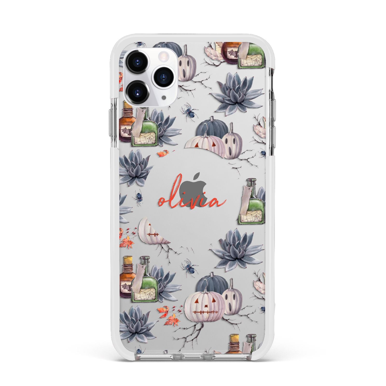Personalised Floral Name Halloween Apple iPhone 11 Pro Max in Silver with White Impact Case