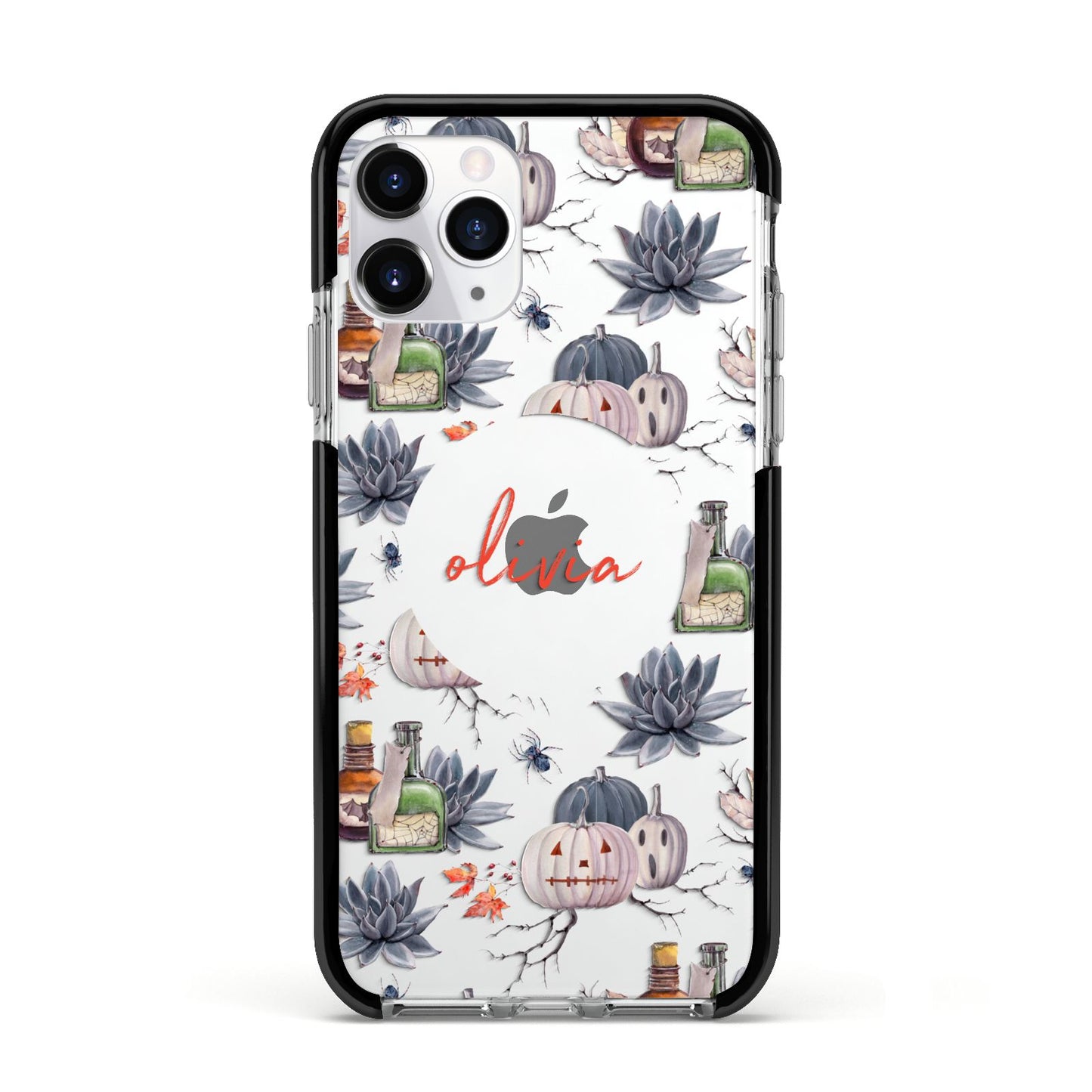 Personalised Floral Name Halloween Apple iPhone 11 Pro in Silver with Black Impact Case