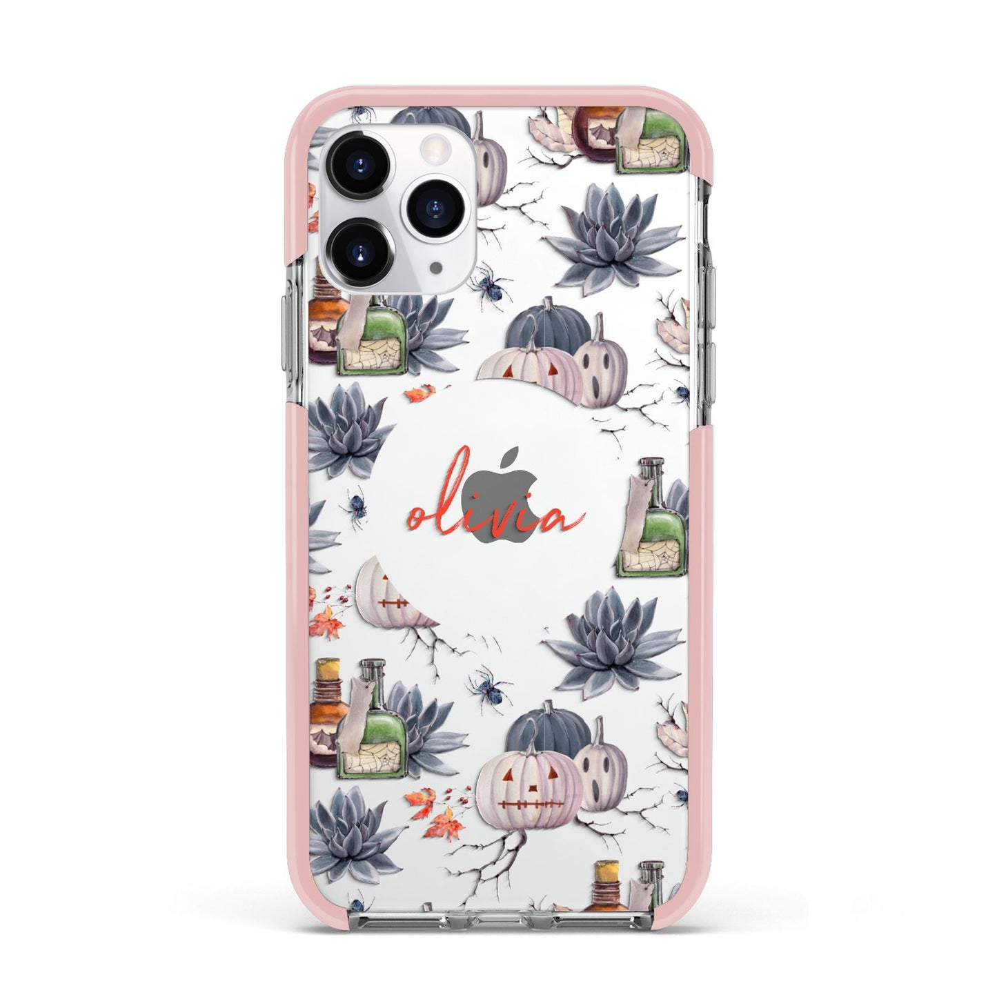Personalised Floral Name Halloween Apple iPhone 11 Pro in Silver with Pink Impact Case