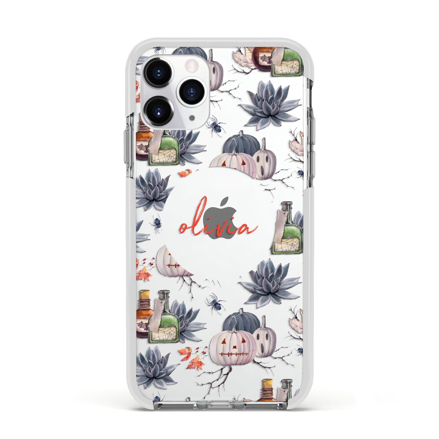 Personalised Floral Name Halloween Apple iPhone 11 Pro in Silver with White Impact Case