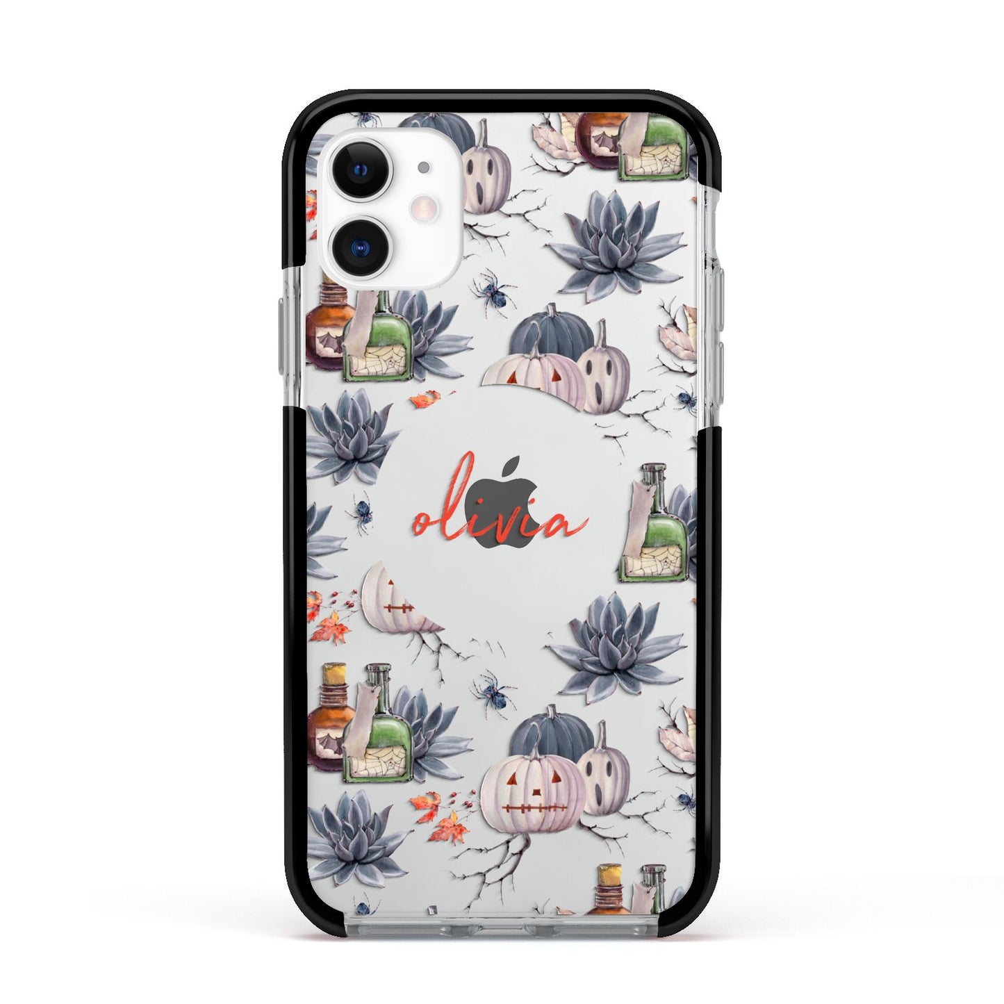 Personalised Floral Name Halloween Apple iPhone 11 in White with Black Impact Case