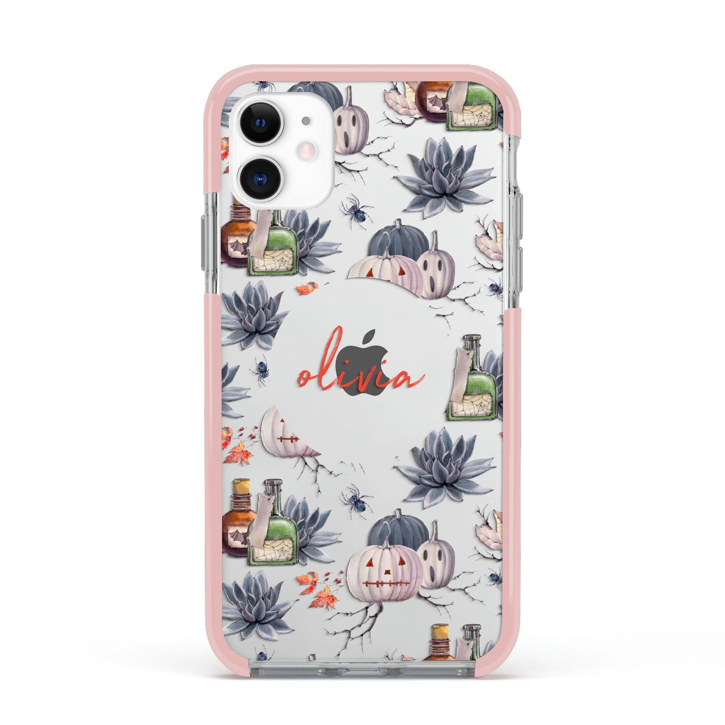 Personalised Floral Name Halloween Apple iPhone 11 in White with Pink Impact Case