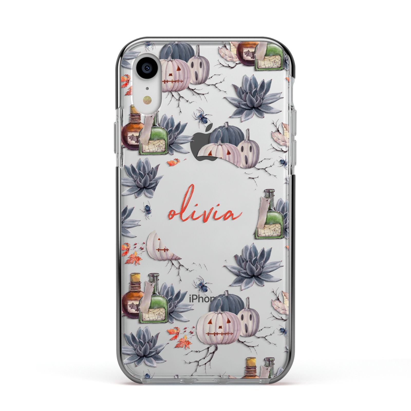 Personalised Floral Name Halloween Apple iPhone XR Impact Case Black Edge on Silver Phone