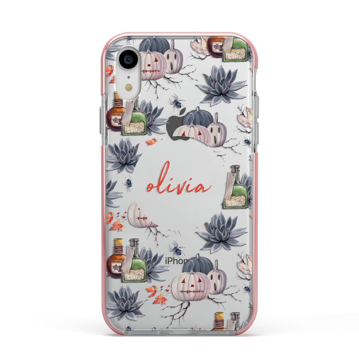 Personalised Floral Name Halloween Apple iPhone XR Impact Case Pink Edge on Silver Phone