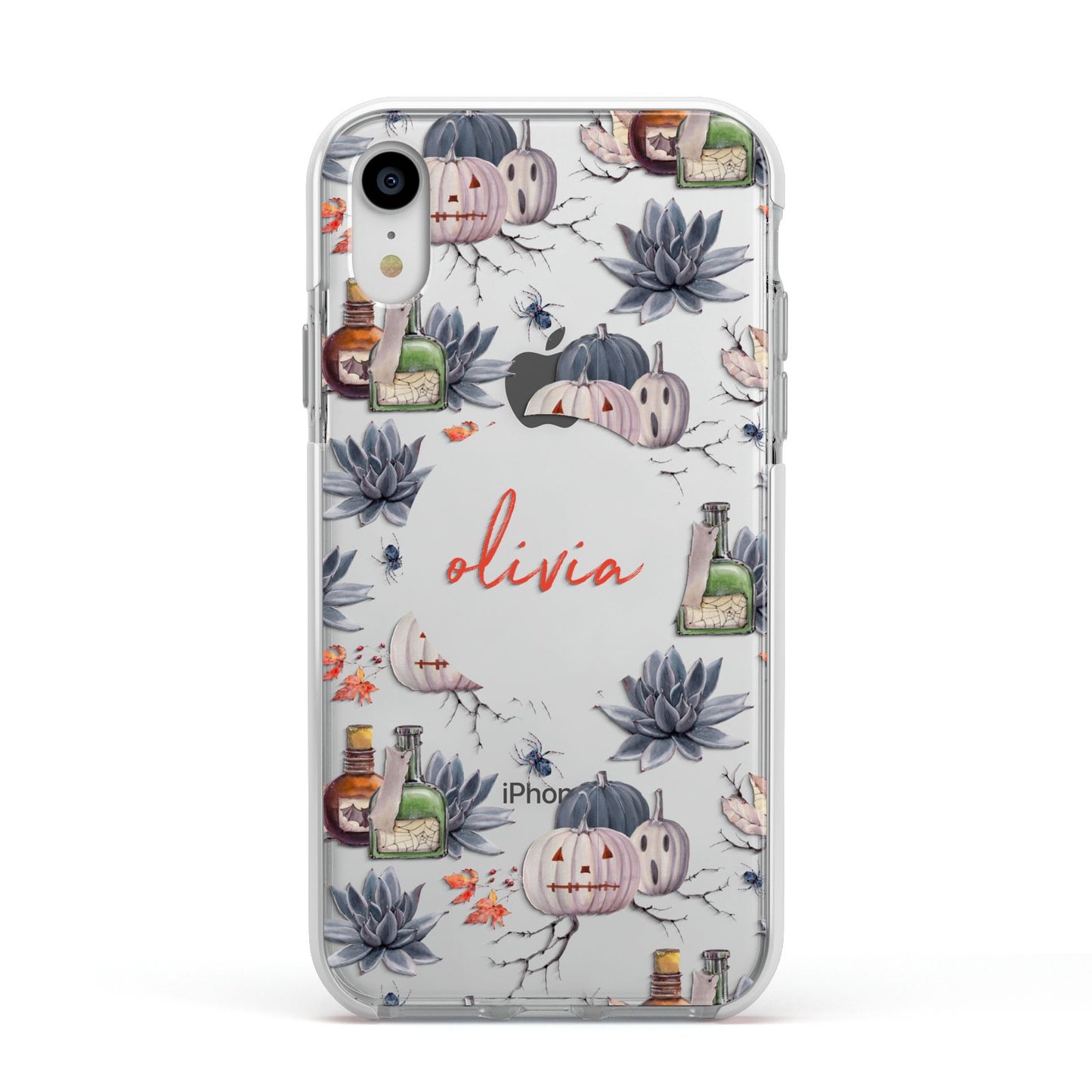 Personalised Floral Name Halloween Apple iPhone XR Impact Case White Edge on Silver Phone