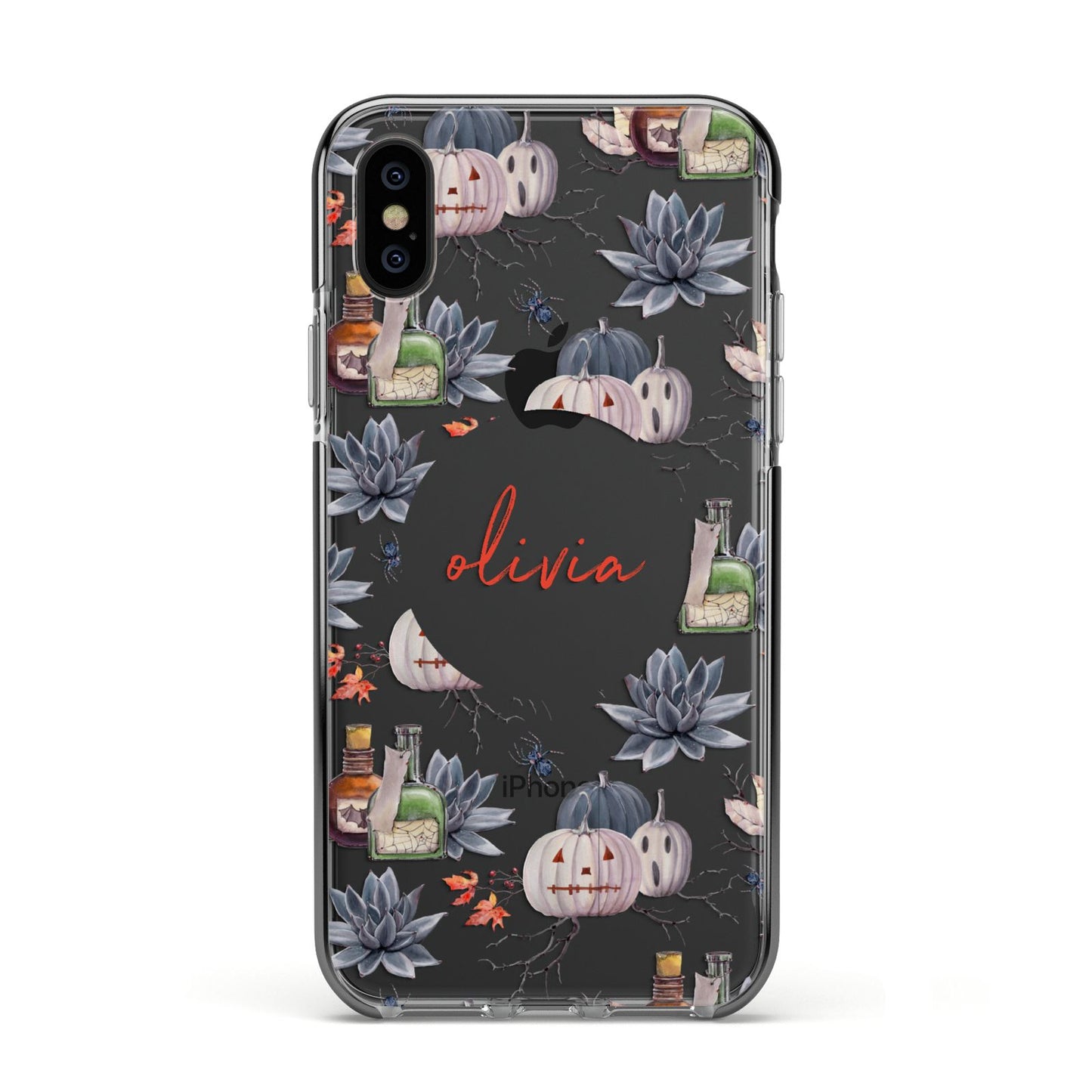 Personalised Floral Name Halloween Apple iPhone Xs Impact Case Black Edge on Black Phone