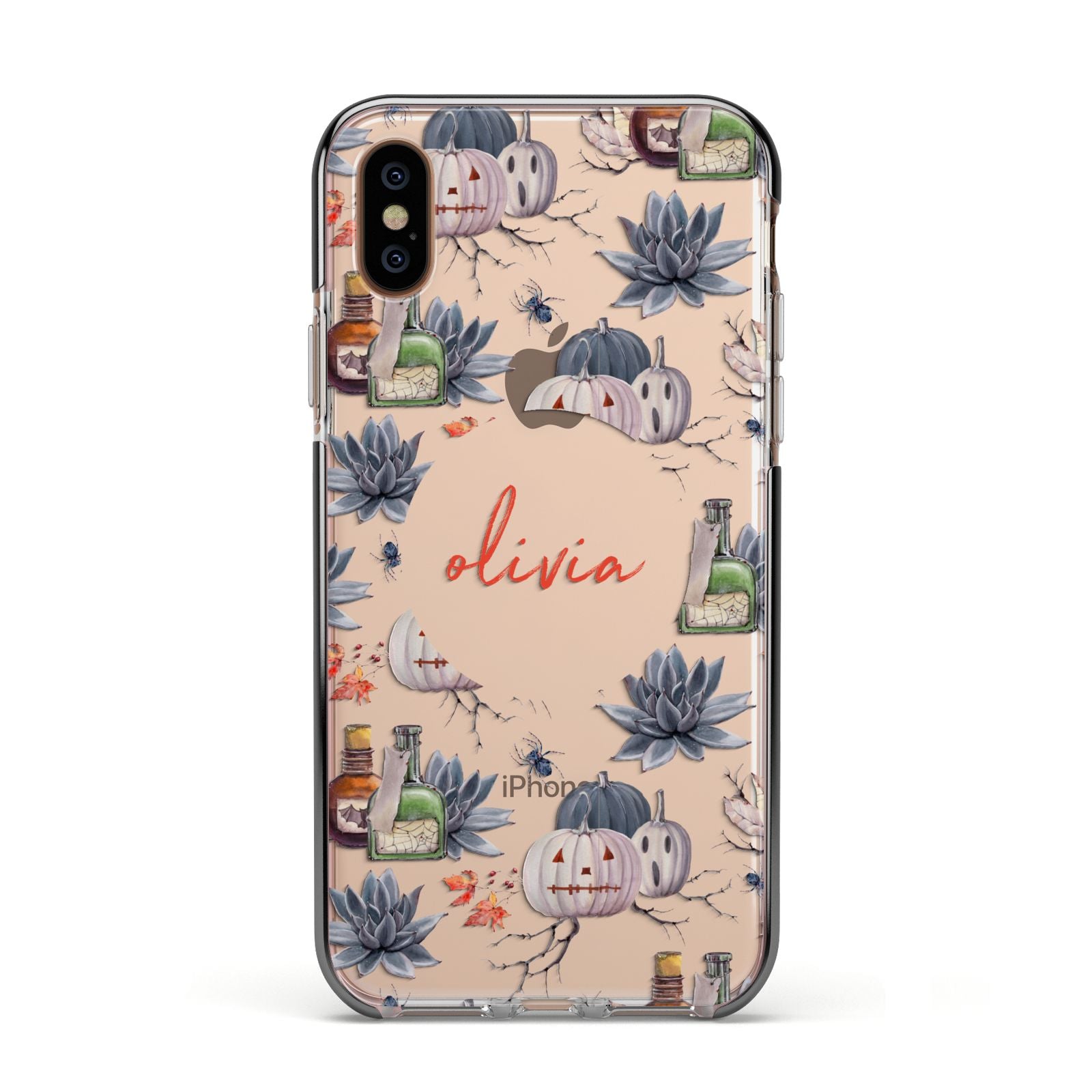 Personalised Floral Name Halloween Apple iPhone Xs Impact Case Black Edge on Gold Phone