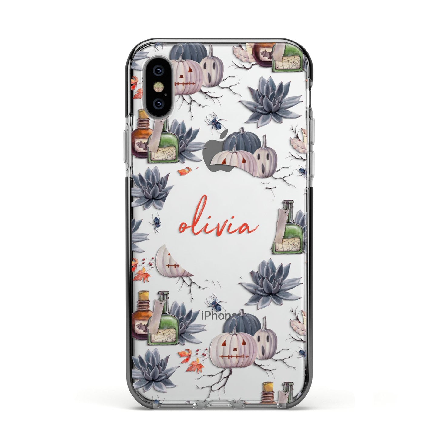 Personalised Floral Name Halloween Apple iPhone Xs Impact Case Black Edge on Silver Phone