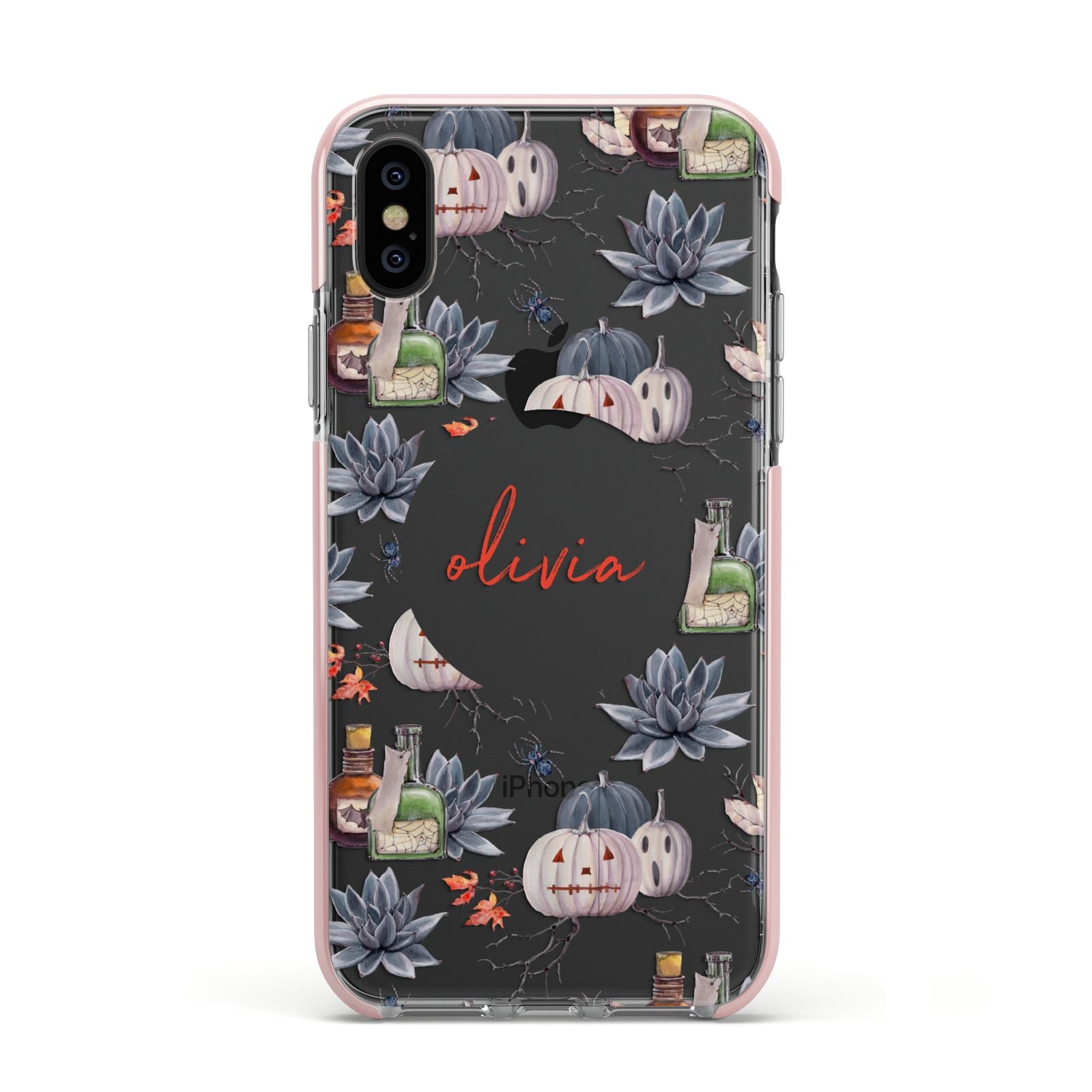 Personalised Floral Name Halloween Apple iPhone Xs Impact Case Pink Edge on Black Phone