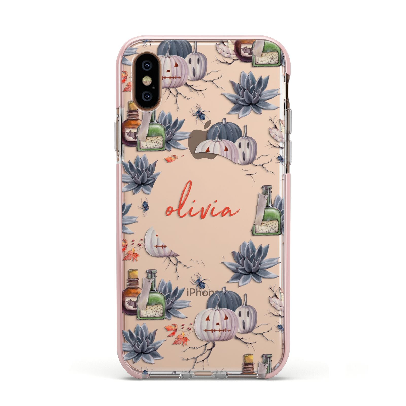 Personalised Floral Name Halloween Apple iPhone Xs Impact Case Pink Edge on Gold Phone