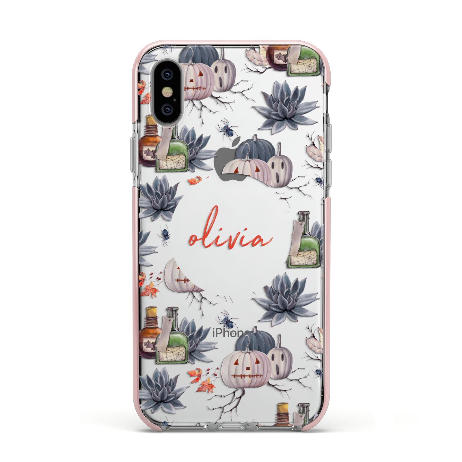Personalised Floral Name Halloween Apple iPhone Xs Impact Case Pink Edge on Silver Phone