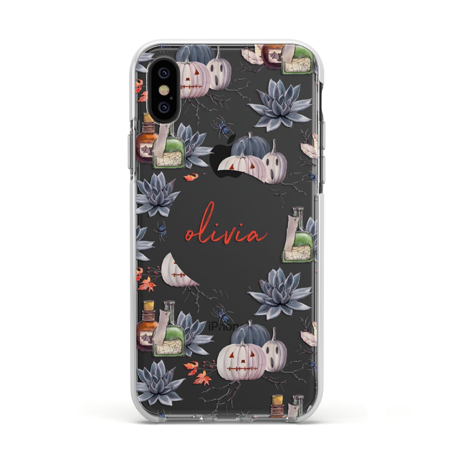 Personalised Floral Name Halloween Apple iPhone Xs Impact Case White Edge on Black Phone