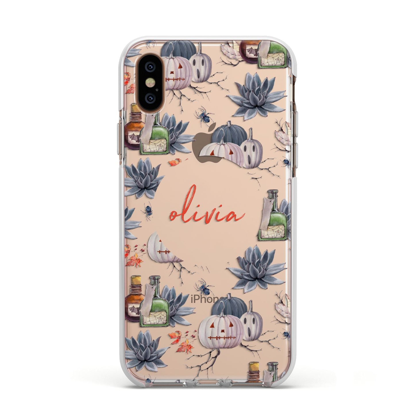 Personalised Floral Name Halloween Apple iPhone Xs Impact Case White Edge on Gold Phone