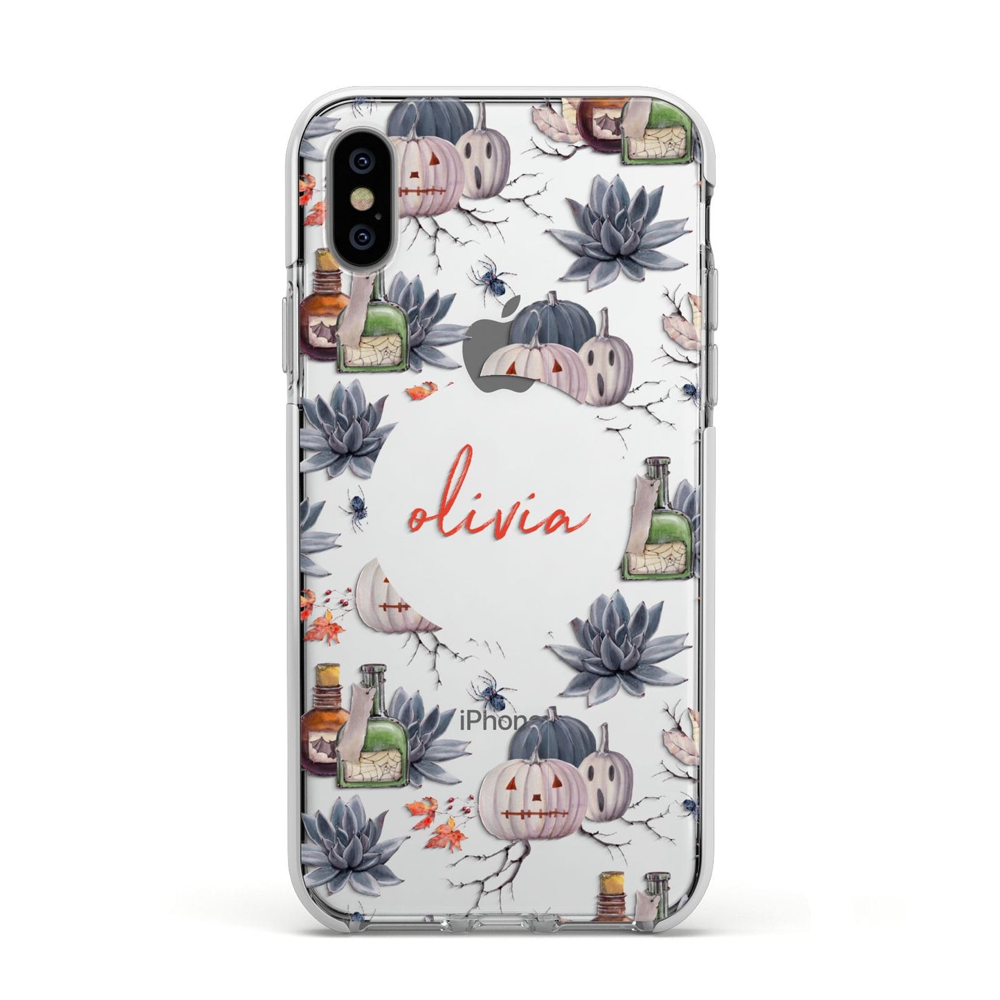 Personalised Floral Name Halloween Apple iPhone Xs Impact Case White Edge on Silver Phone