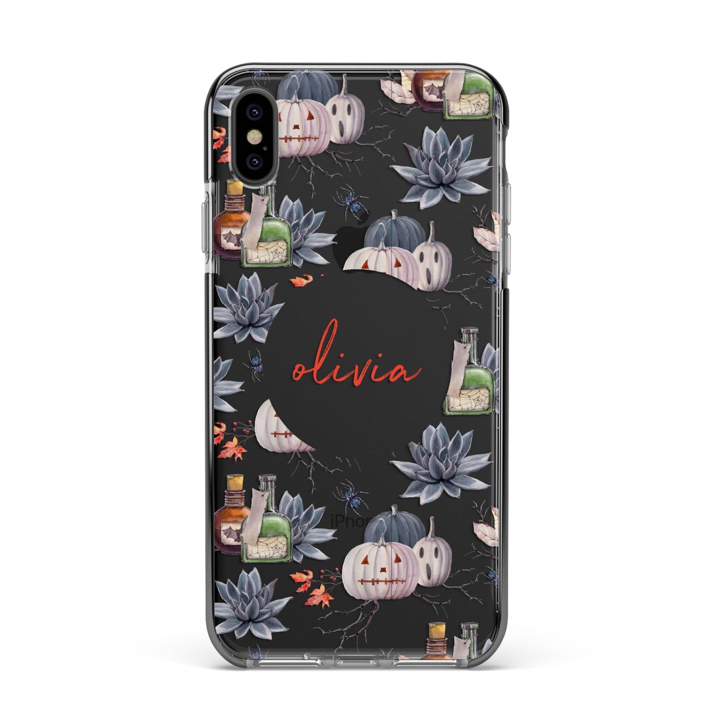Personalised Floral Name Halloween Apple iPhone Xs Max Impact Case Black Edge on Black Phone