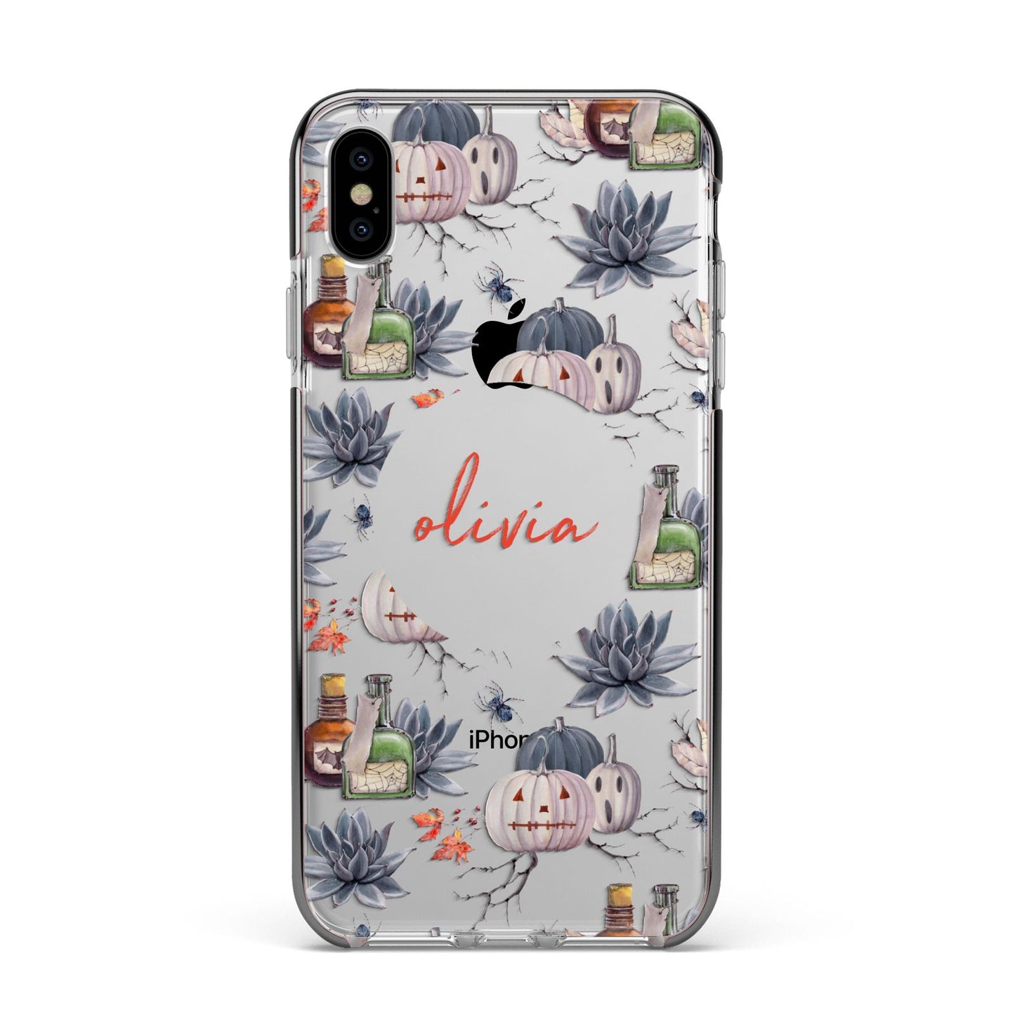 Personalised Floral Name Halloween Apple iPhone Xs Max Impact Case Black Edge on Silver Phone