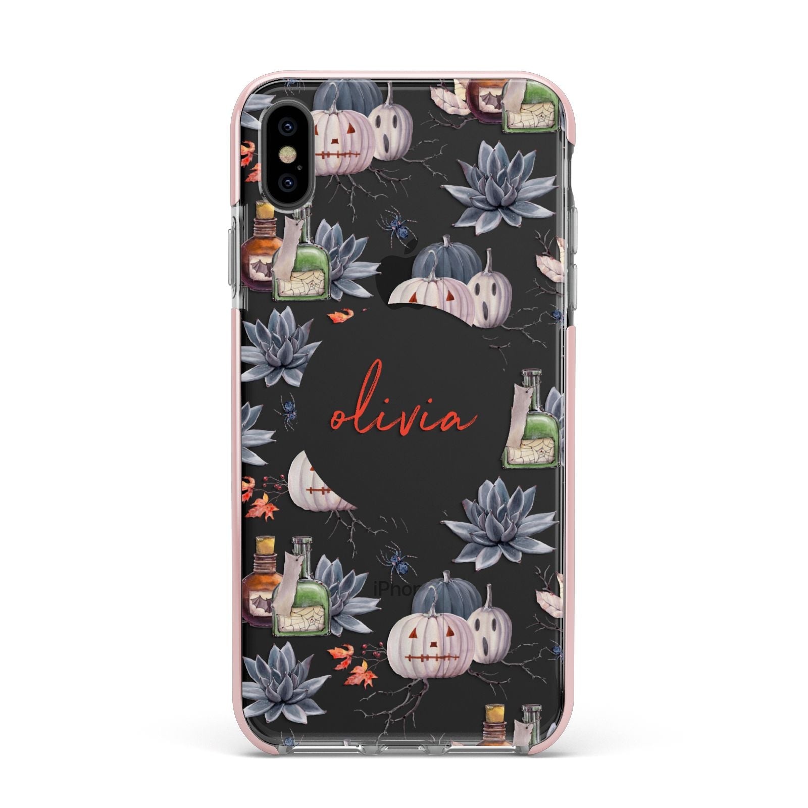Personalised Floral Name Halloween Apple iPhone Xs Max Impact Case Pink Edge on Black Phone