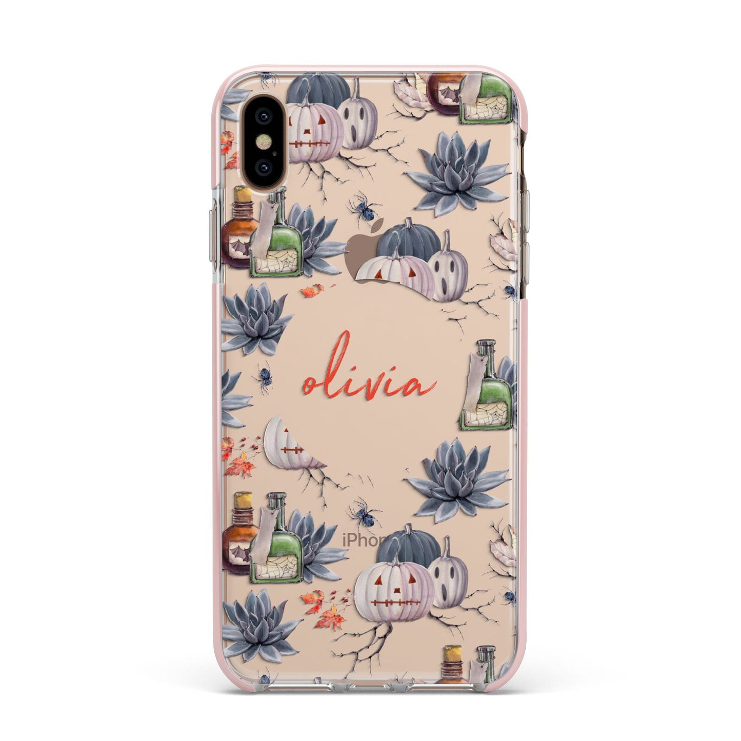 Personalised Floral Name Halloween Apple iPhone Xs Max Impact Case Pink Edge on Gold Phone