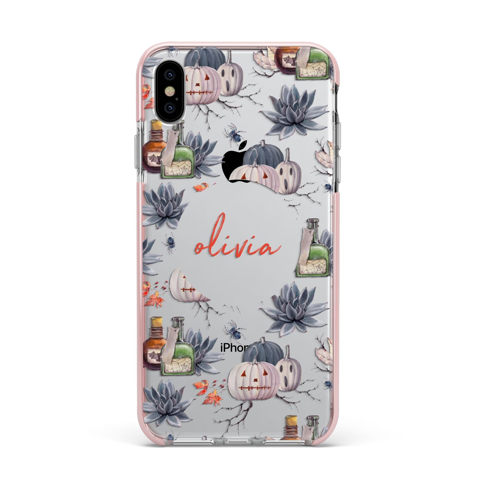 Personalised Floral Name Halloween Apple iPhone Xs Max Impact Case Pink Edge on Silver Phone
