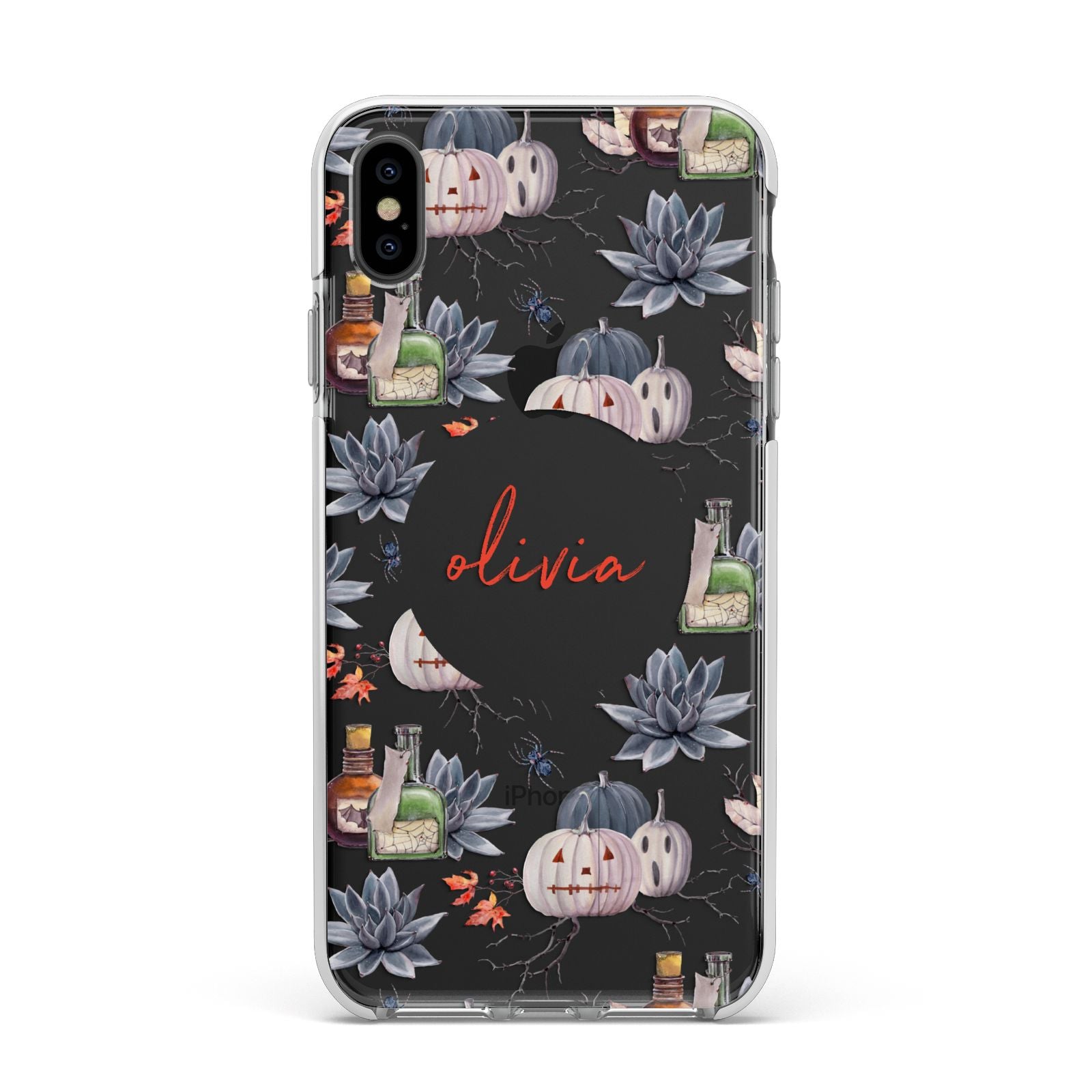 Personalised Floral Name Halloween Apple iPhone Xs Max Impact Case White Edge on Black Phone