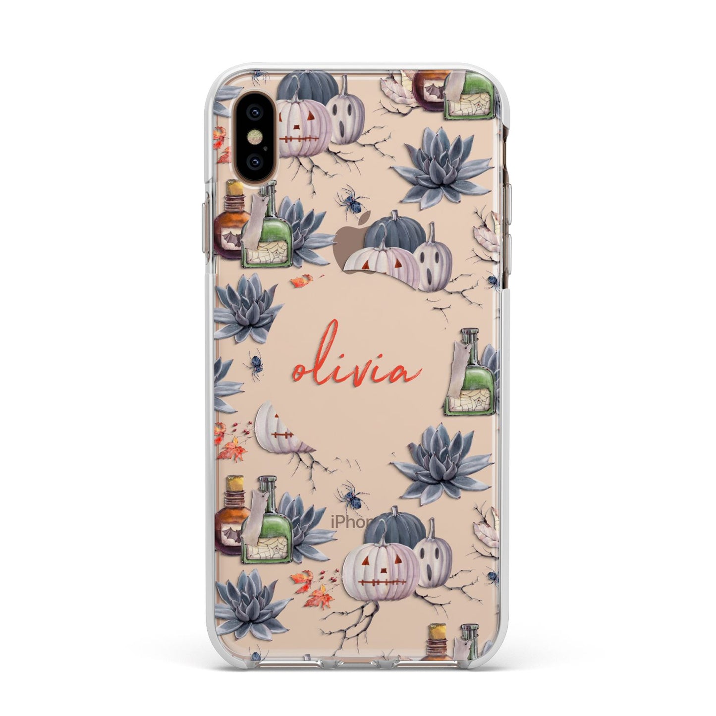 Personalised Floral Name Halloween Apple iPhone Xs Max Impact Case White Edge on Gold Phone