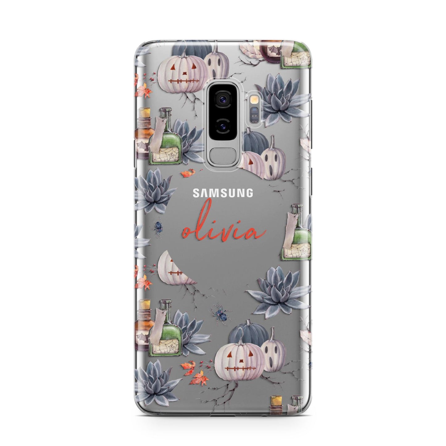 Personalised Floral Name Halloween Samsung Galaxy S9 Plus Case on Silver phone