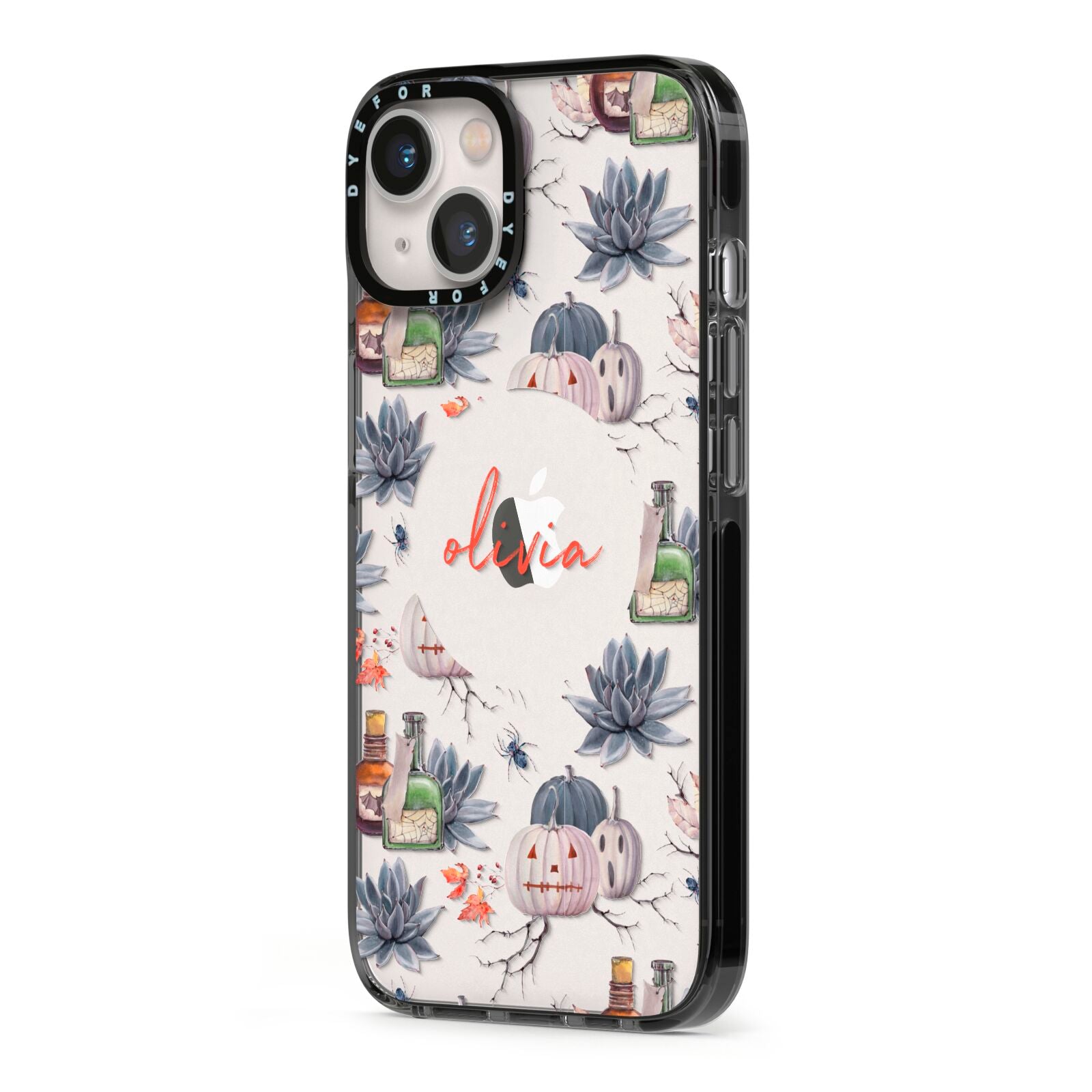 Personalised Floral Name Halloween iPhone 13 Black Impact Case Side Angle on Silver phone