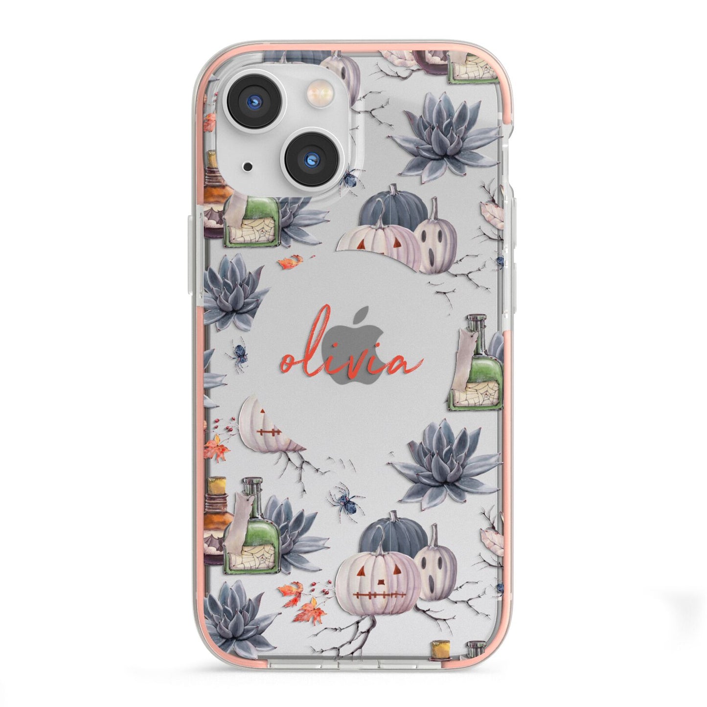 Personalised Floral Name Halloween iPhone 13 Mini TPU Impact Case with Pink Edges