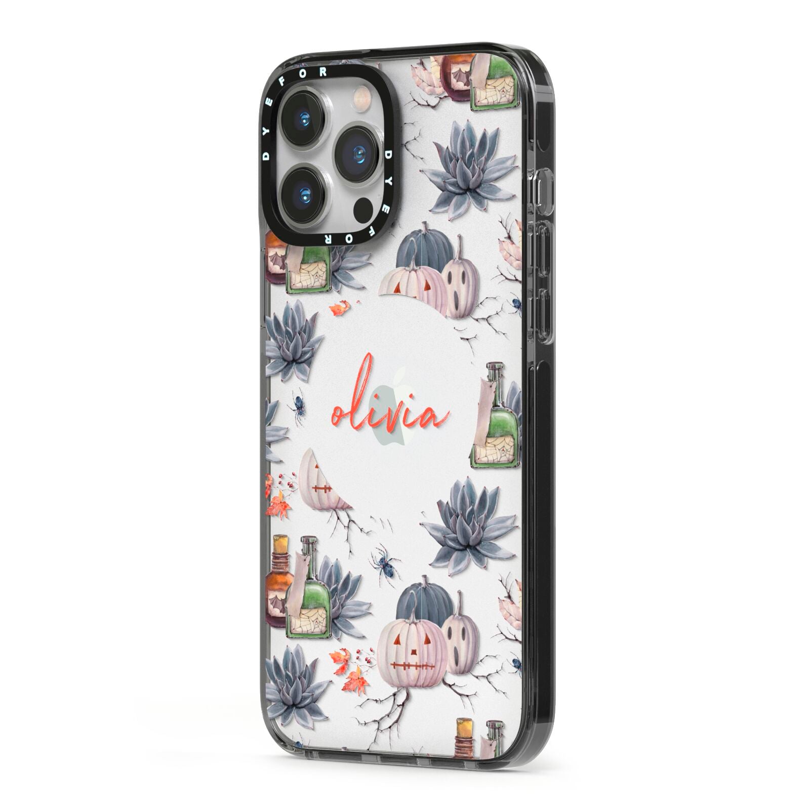 Personalised Floral Name Halloween iPhone 13 Pro Max Black Impact Case Side Angle on Silver phone
