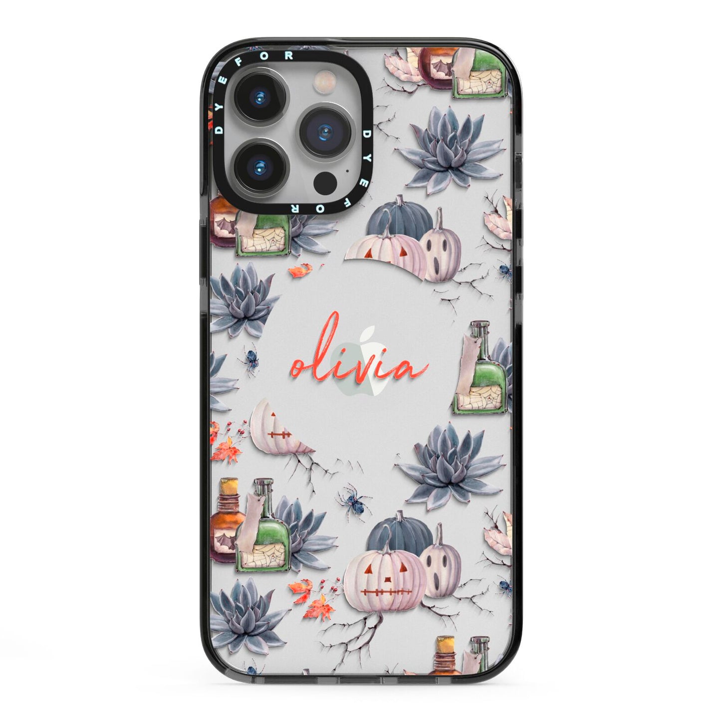Personalised Floral Name Halloween iPhone 13 Pro Max Black Impact Case on Silver phone