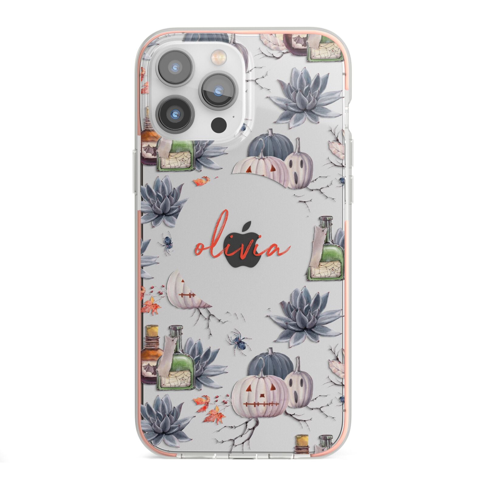 Personalised Floral Name Halloween iPhone 13 Pro Max TPU Impact Case with Pink Edges