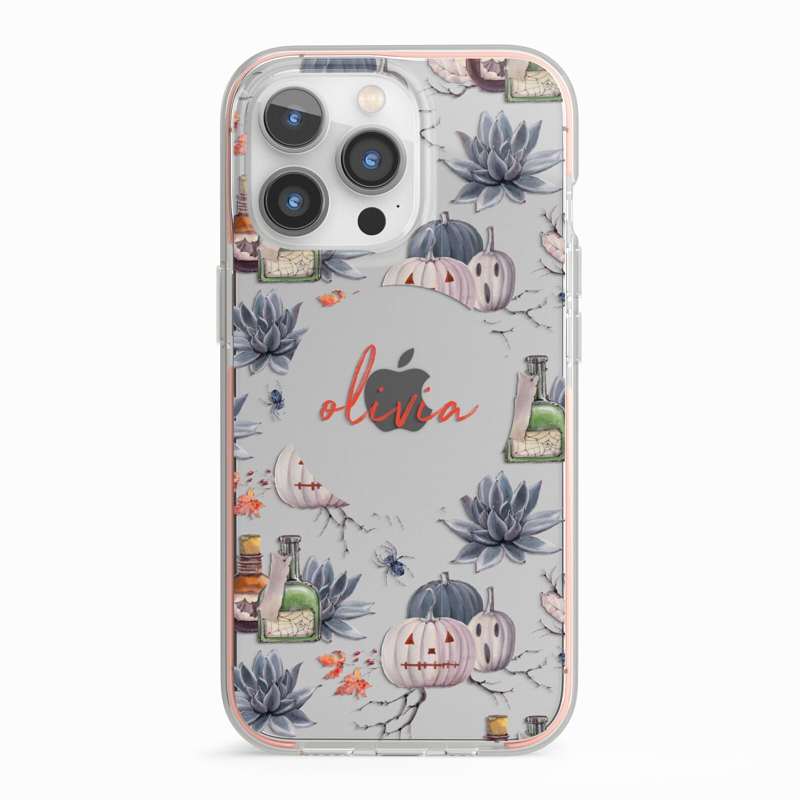 Personalised Floral Name Halloween iPhone 13 Pro TPU Impact Case with Pink Edges