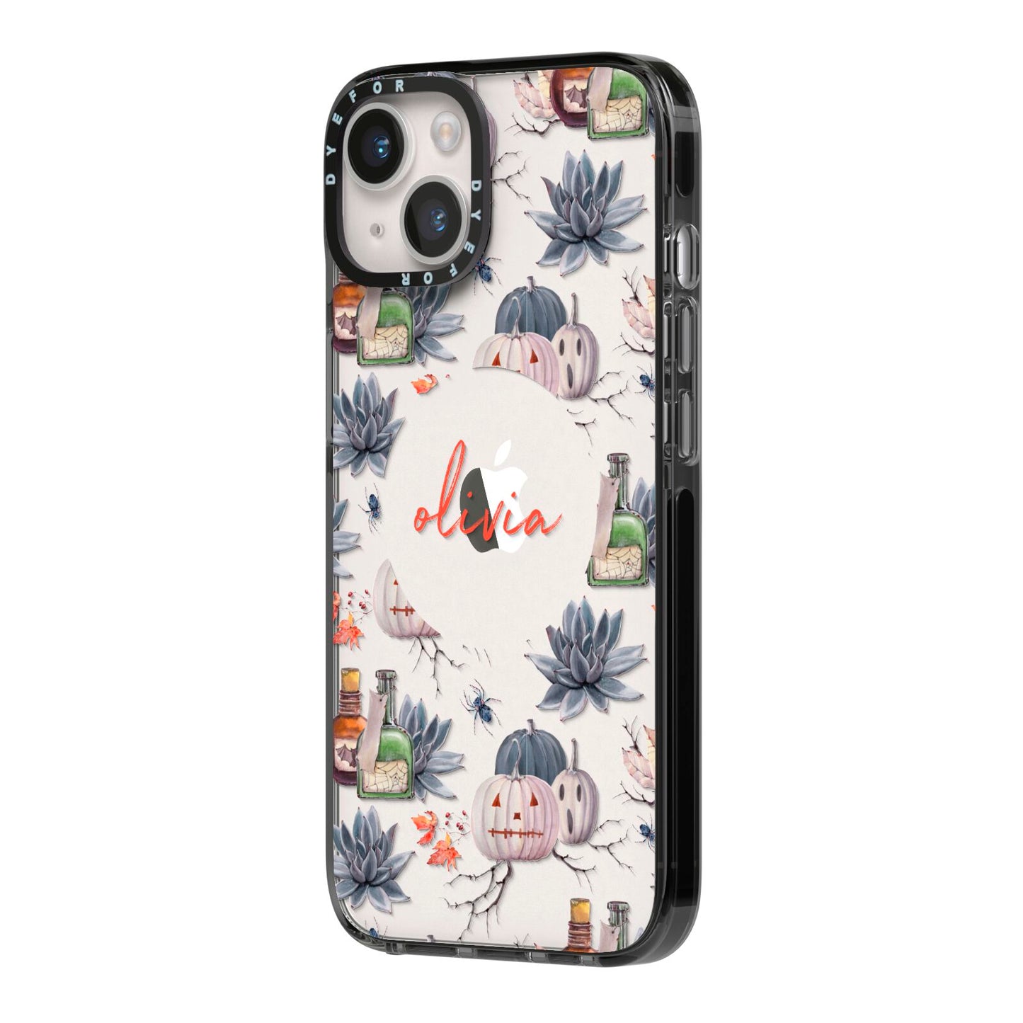 Personalised Floral Name Halloween iPhone 14 Black Impact Case Side Angle on Silver phone