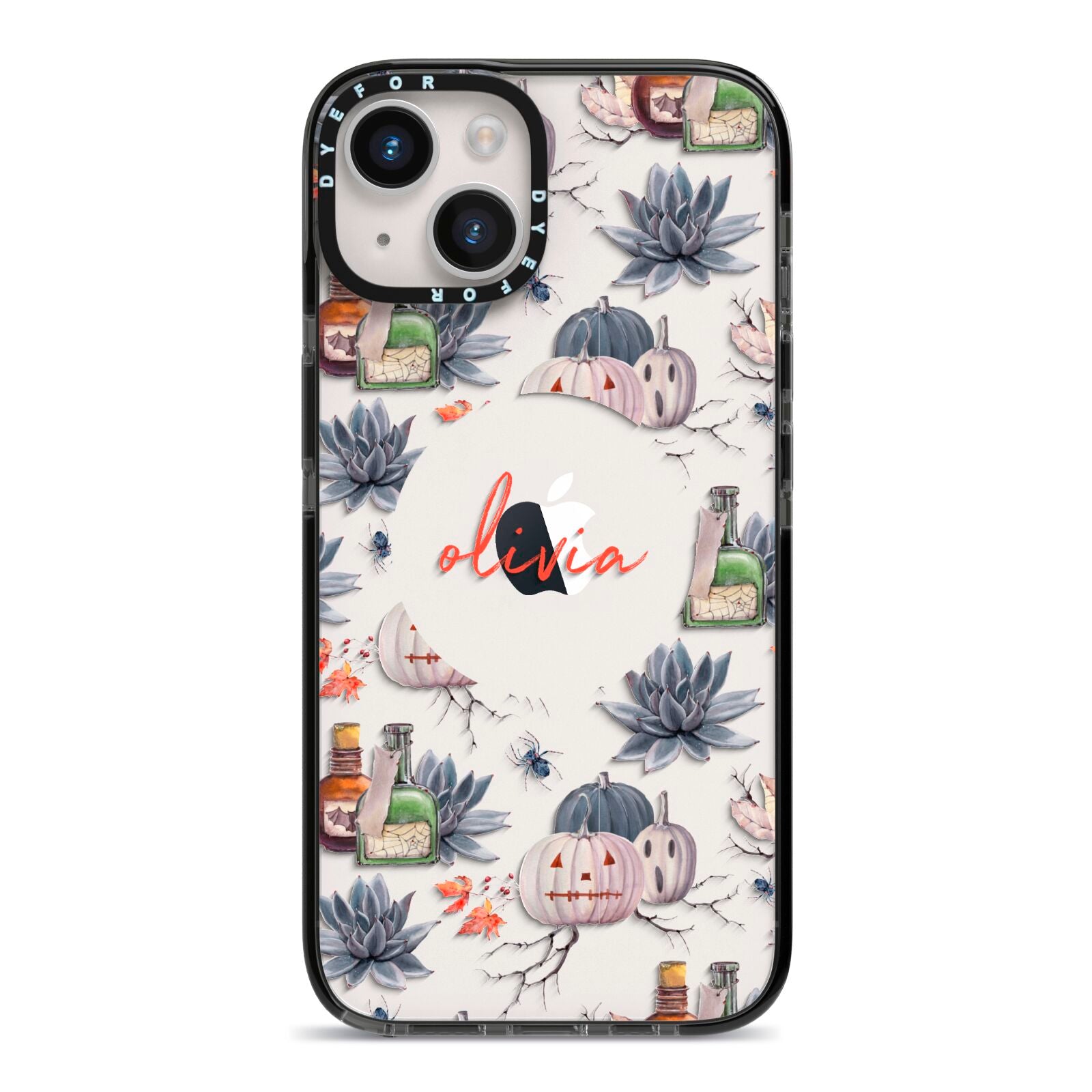 Personalised Floral Name Halloween iPhone 14 Black Impact Case on Silver phone