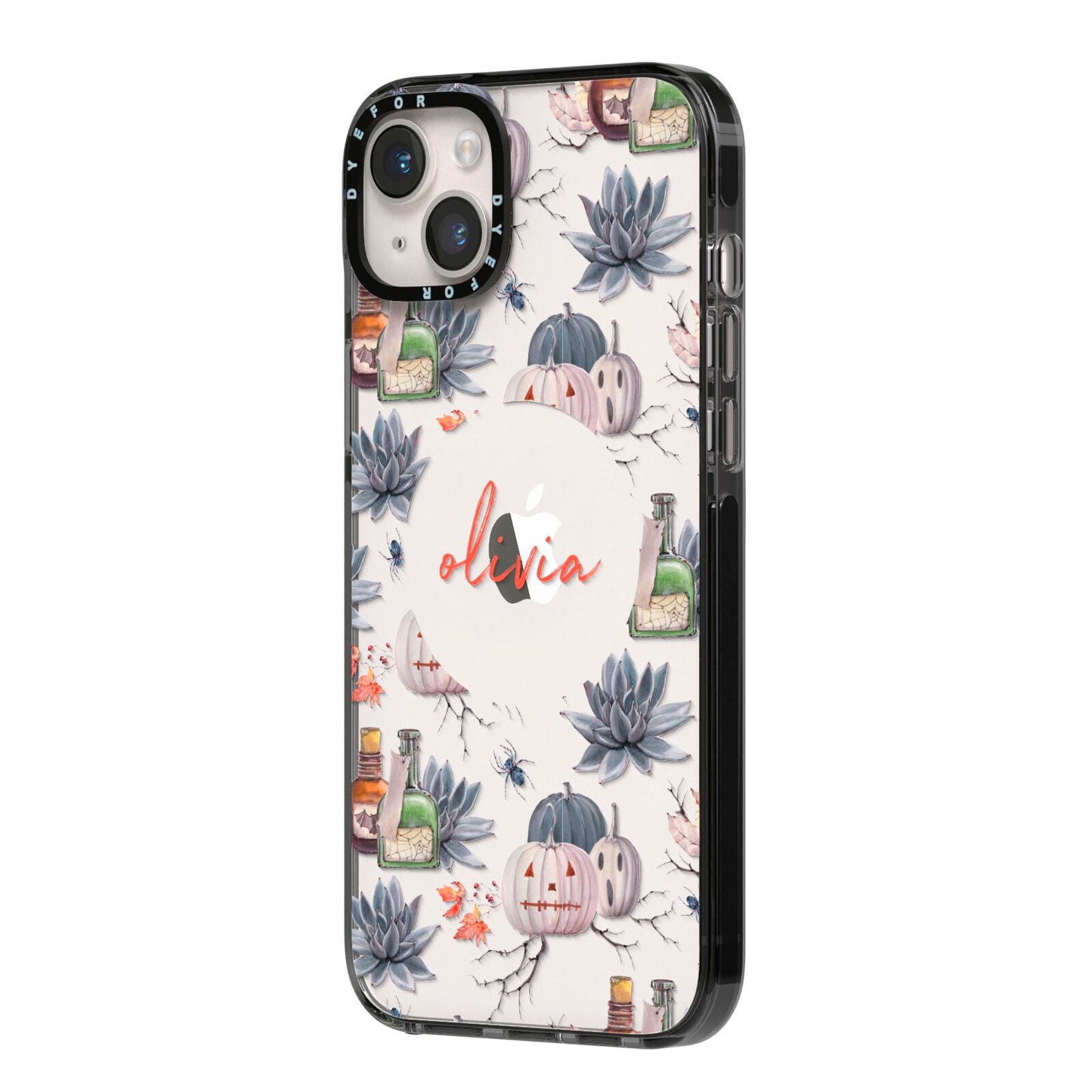 Personalised Floral Name Halloween iPhone 14 Plus Black Impact Case Side Angle on Silver phone