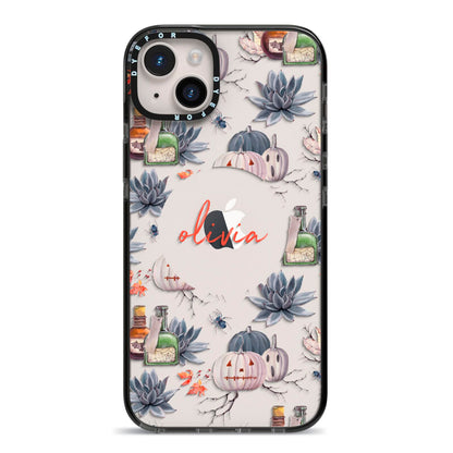 Personalised Floral Name Halloween iPhone 14 Plus Black Impact Case on Silver phone