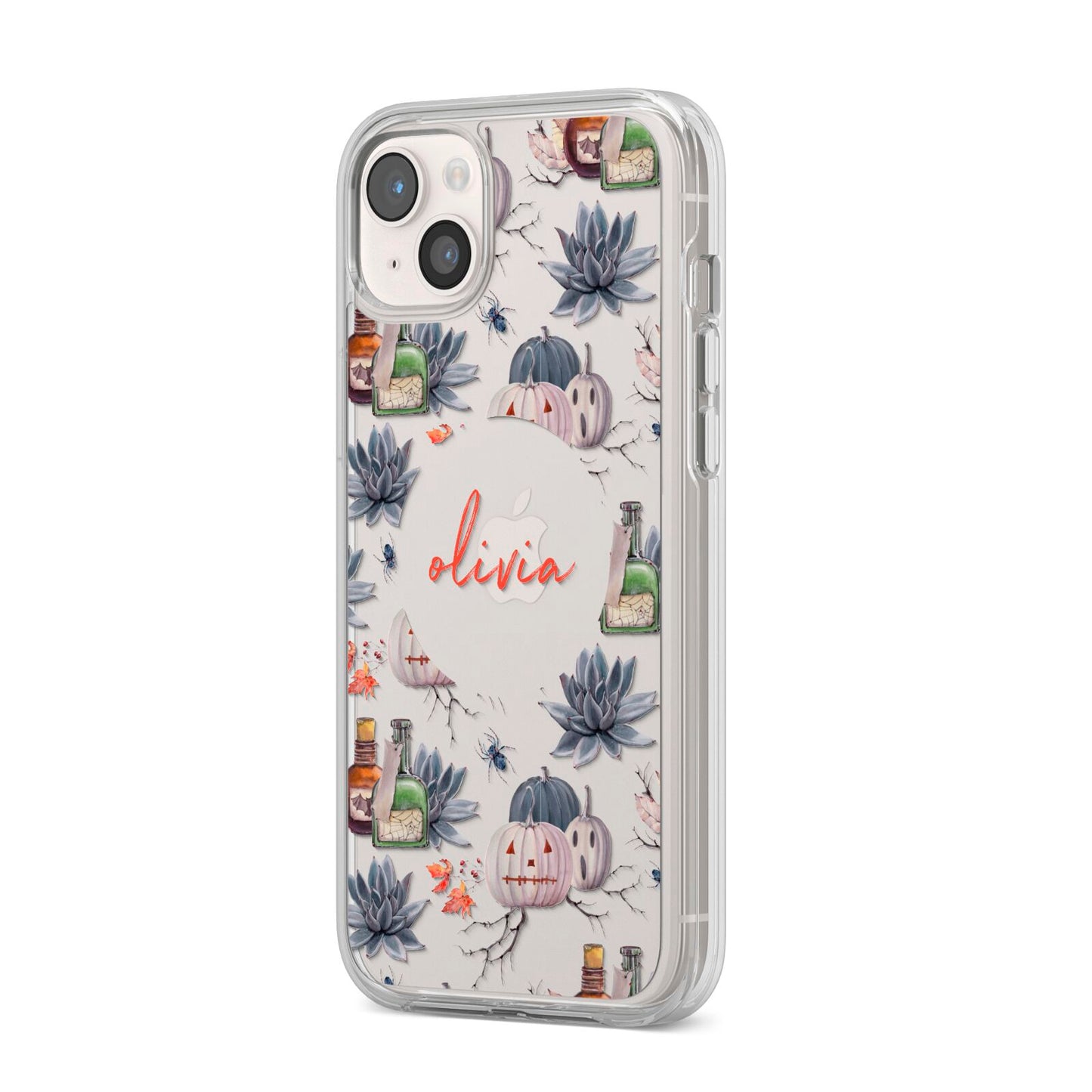 Personalised Floral Name Halloween iPhone 14 Plus Clear Tough Case Starlight Angled Image